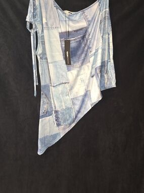 Fashion Nova Light Blue Patchwork Print Asymmetric Jeans Design Top